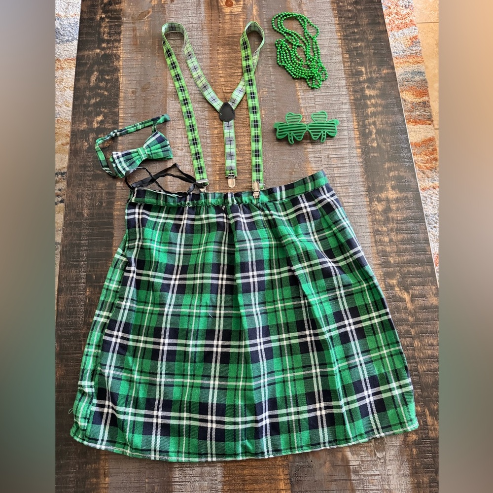7 Pcs St. Patrick's Day Irish Green Plaid Kilt Suspenders Bow Tie Glasses Beads